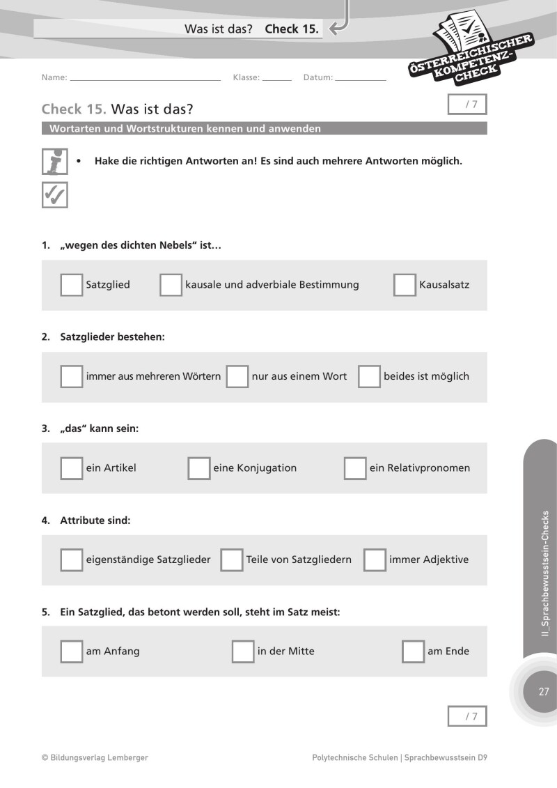 Genial! Deutsch – Evaluation: Österreichischer Kompetenz-Check Sprachbewusstsein D9, PTS