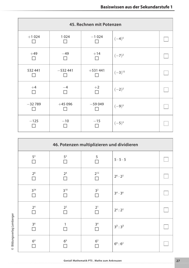 Genial! Mathematik – Kopiervorlagen PTS : Mathe zum Ankreuzen