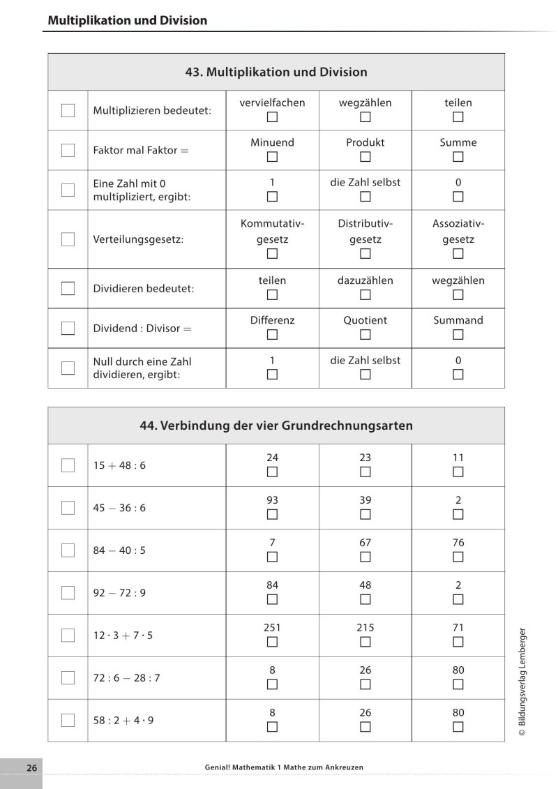 Genial! Mathematik – Kopiervorlagen 1: Mathe zum Ankreuzen 1 LP’23