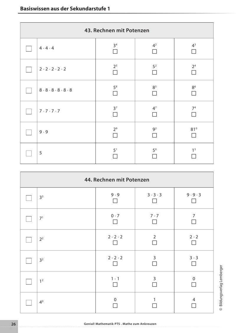 Genial! Mathematik – Kopiervorlagen PTS : Mathe zum Ankreuzen
