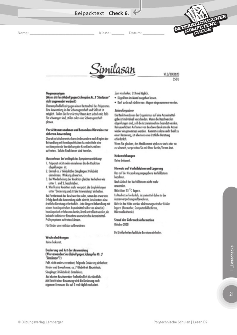 Genial! Deutsch – Evaluation: Österreichischer Kompetenz-Check Lesen D9, PTS