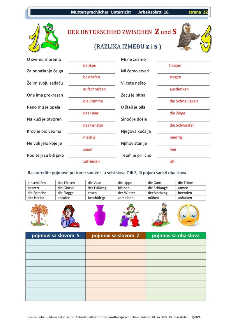 Arbeitsblätter für den muttersprachlichen Unterricht in BKS 1 / Radni listovi za nastavu BKS 1