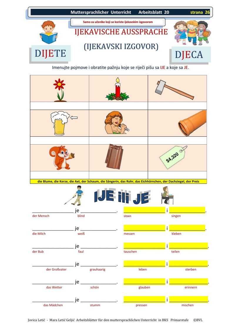 Arbeitsblätter für den muttersprachlichen Unterricht in BKS 1 / Radni listovi za nastavu BKS 1