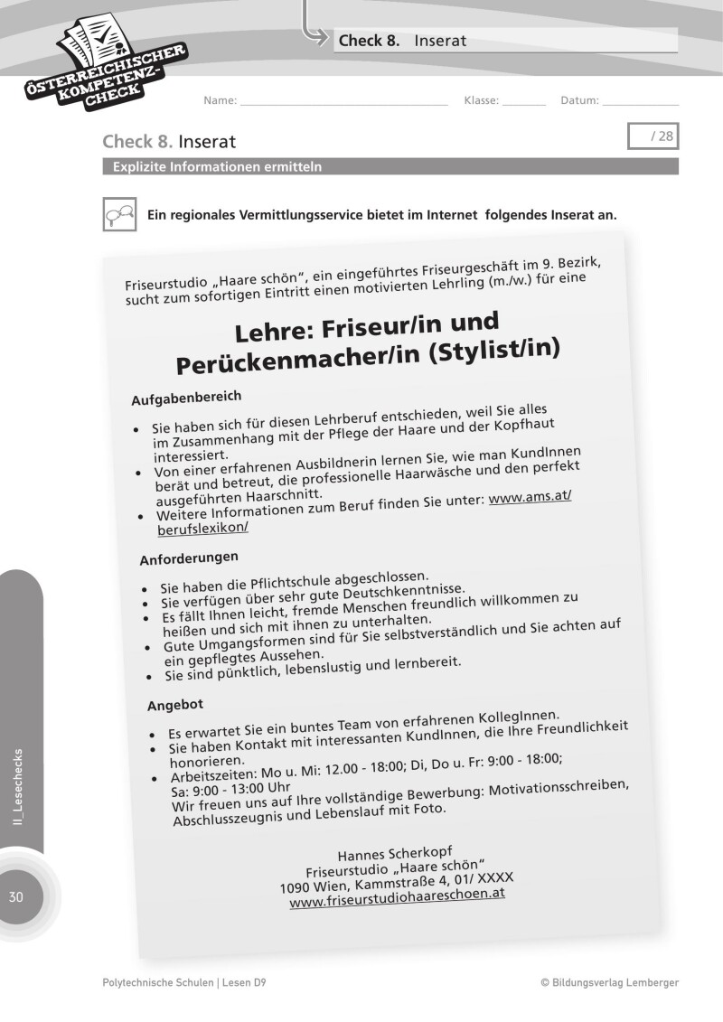 Genial! Deutsch – Evaluation: Österreichischer Kompetenz-Check Lesen D9, PTS