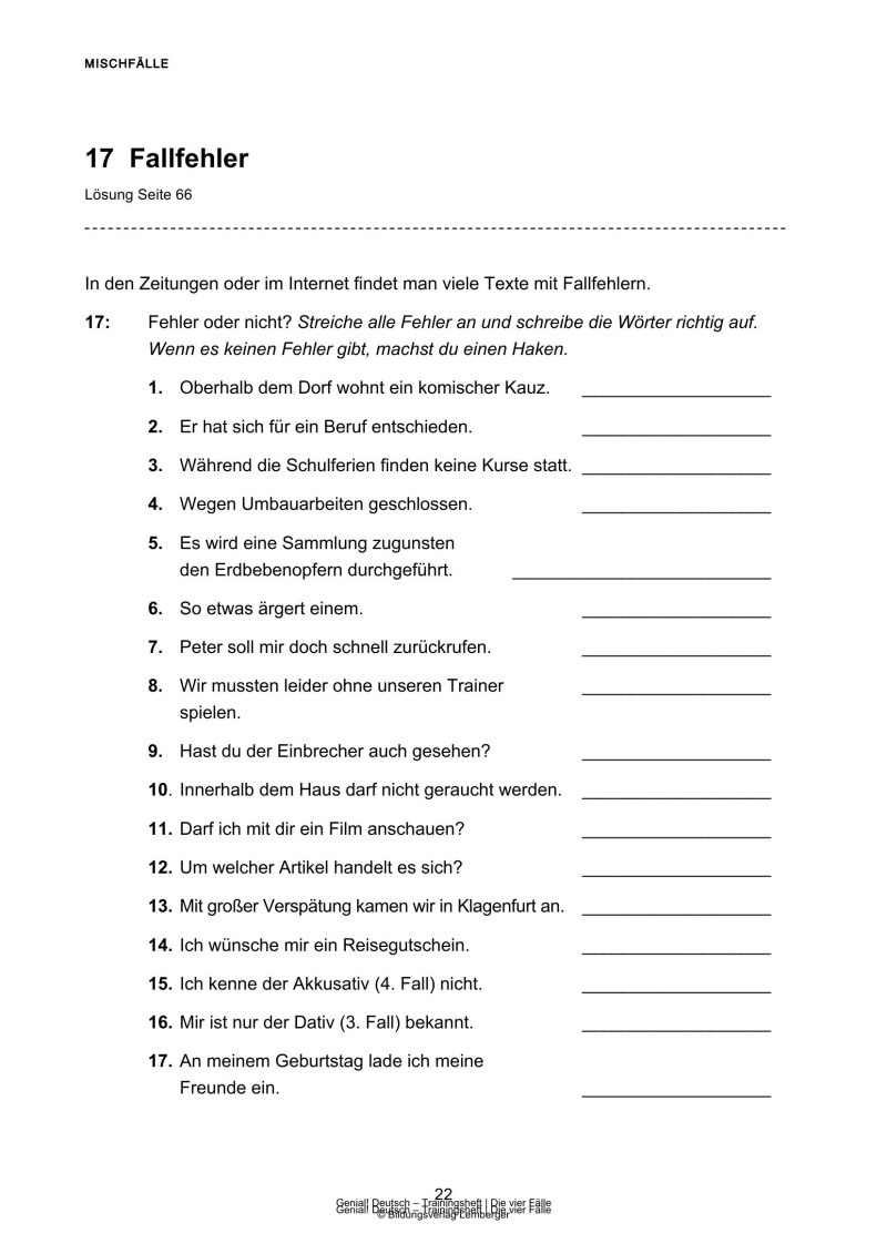 Genial! Deutsch – Trainingsheft Die vier Fälle – Sek 1