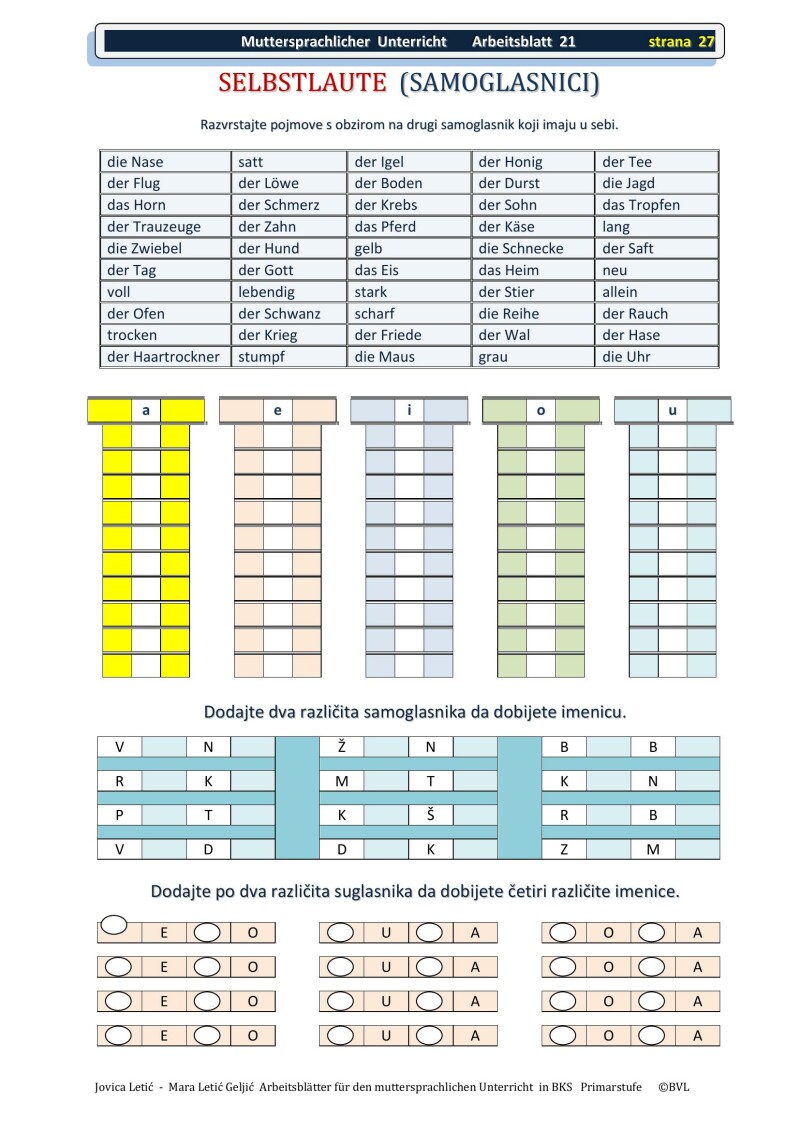 Arbeitsblätter für den muttersprachlichen Unterricht in BKS 1 / Radni listovi za nastavu BKS 1