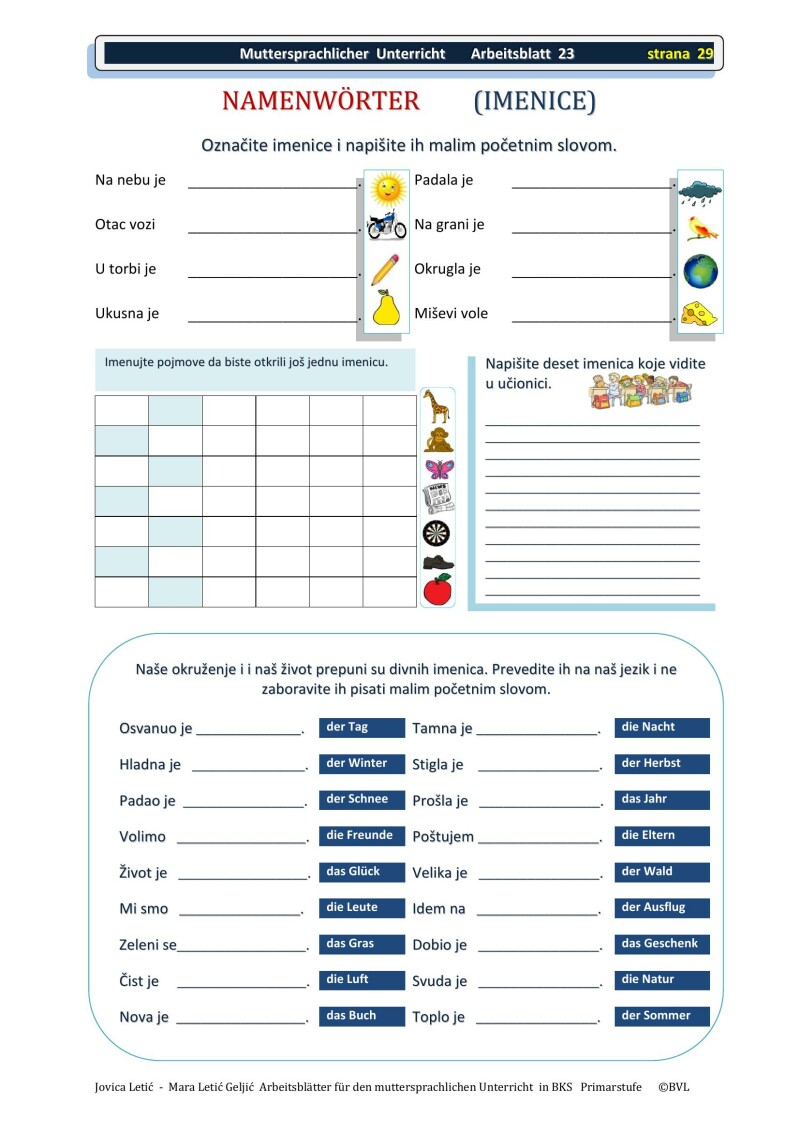 Arbeitsblätter für den muttersprachlichen Unterricht in BKS 1 / Radni listovi za nastavu BKS 1