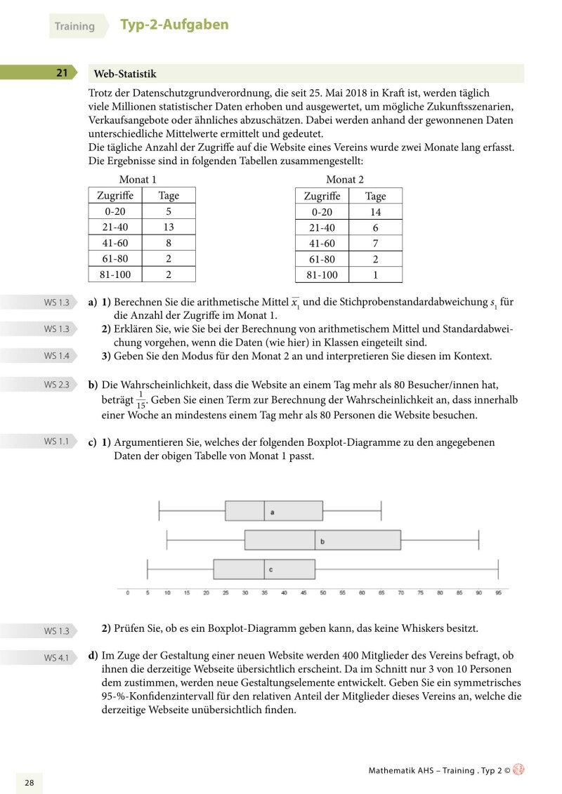 Grundkompetenzen Training Mathematik 12. Schulstufe - Typ 2-Aufgaben mit Lösungsteil