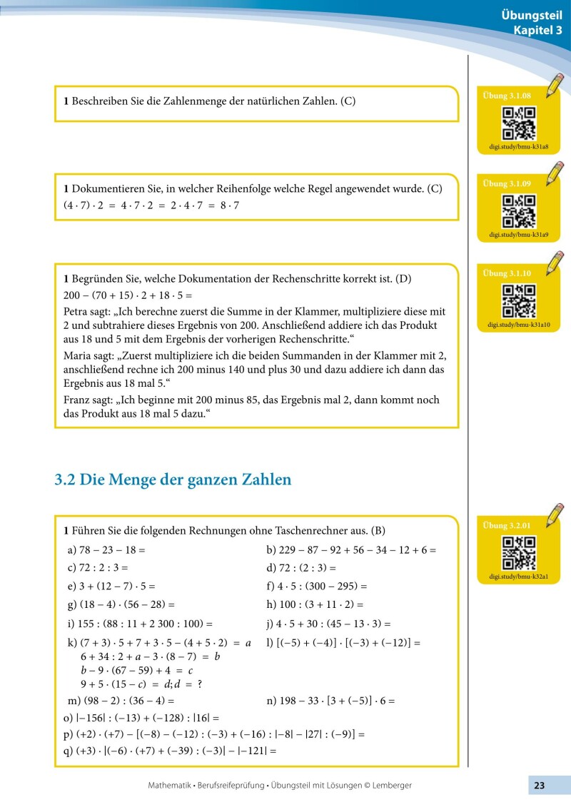 Berufsreifeprüfung Mathematik - Übungsteil mit Lösungen BFI