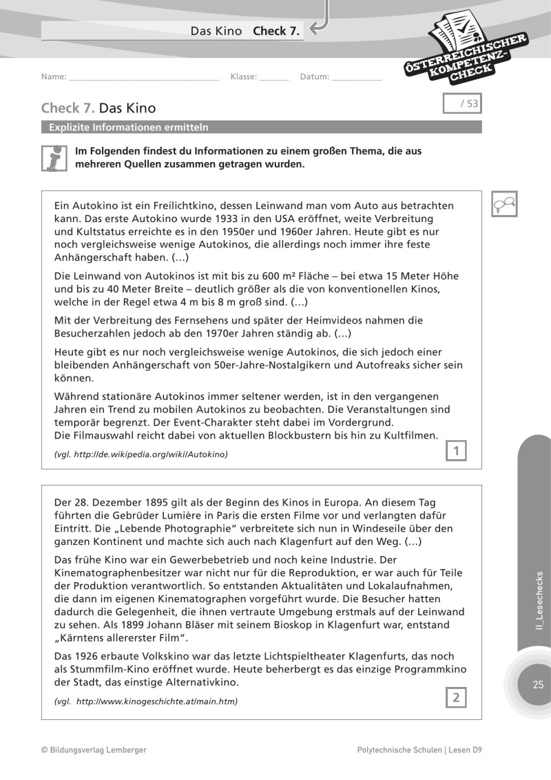 Genial! Deutsch – Evaluation: Österreichischer Kompetenz-Check Lesen D9, PTS
