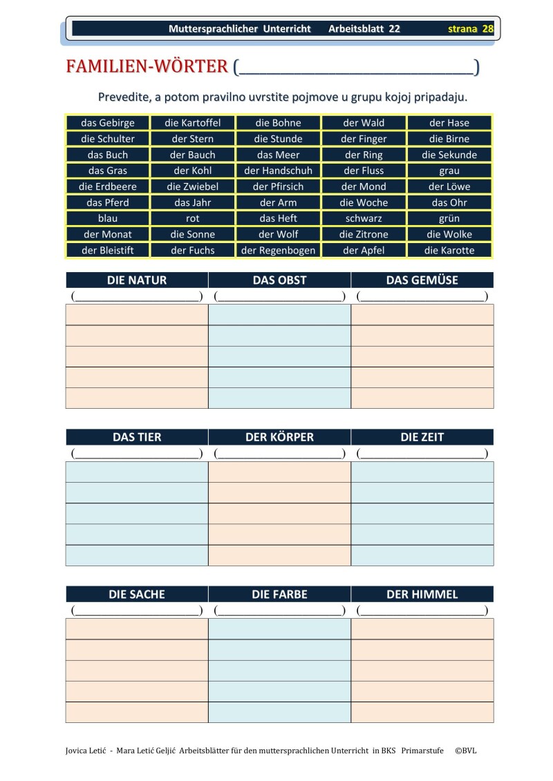 Arbeitsblätter für den muttersprachlichen Unterricht in BKS 1 / Radni listovi za nastavu BKS 1